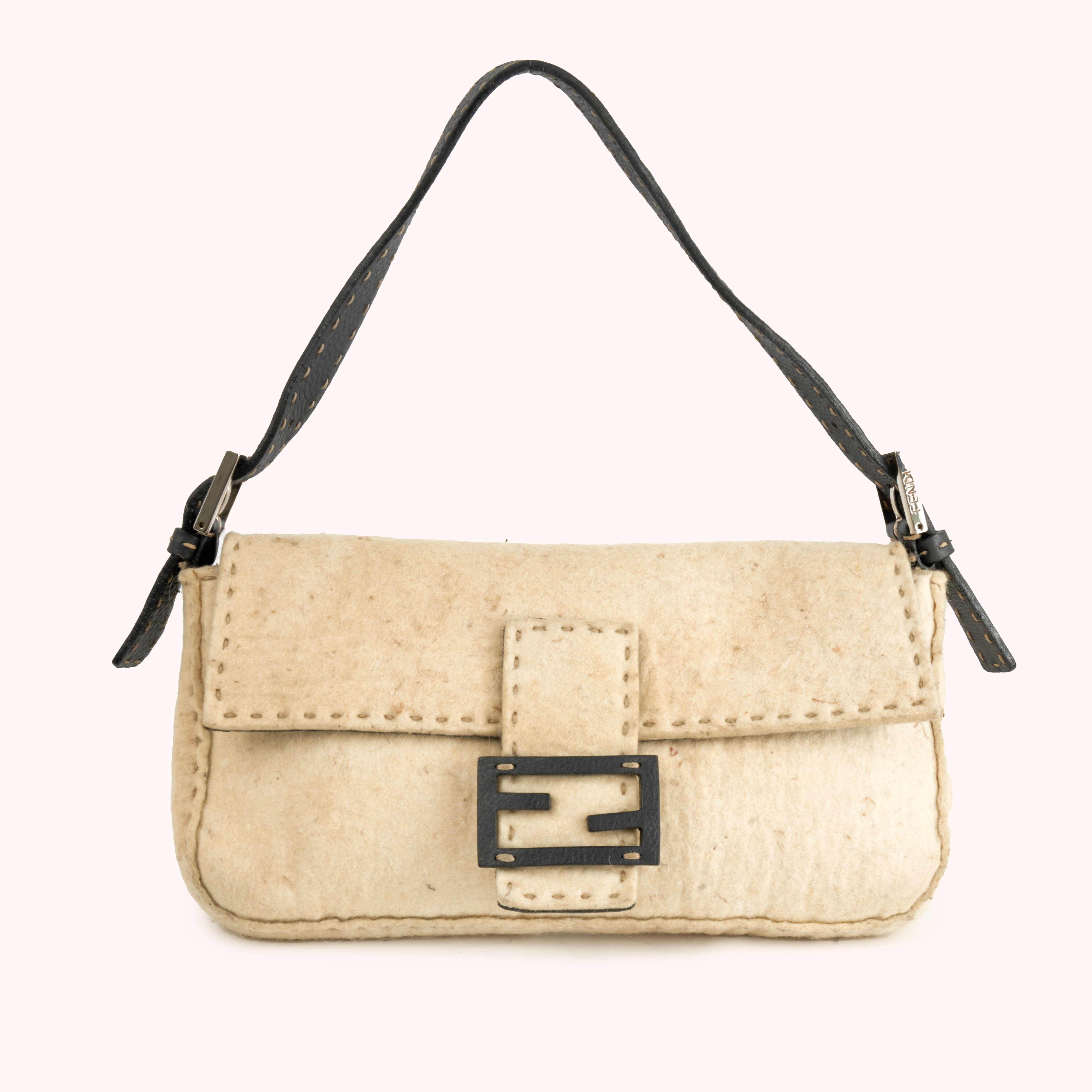 Fendi Baguette Selleria Beige Wool / Black Leather
