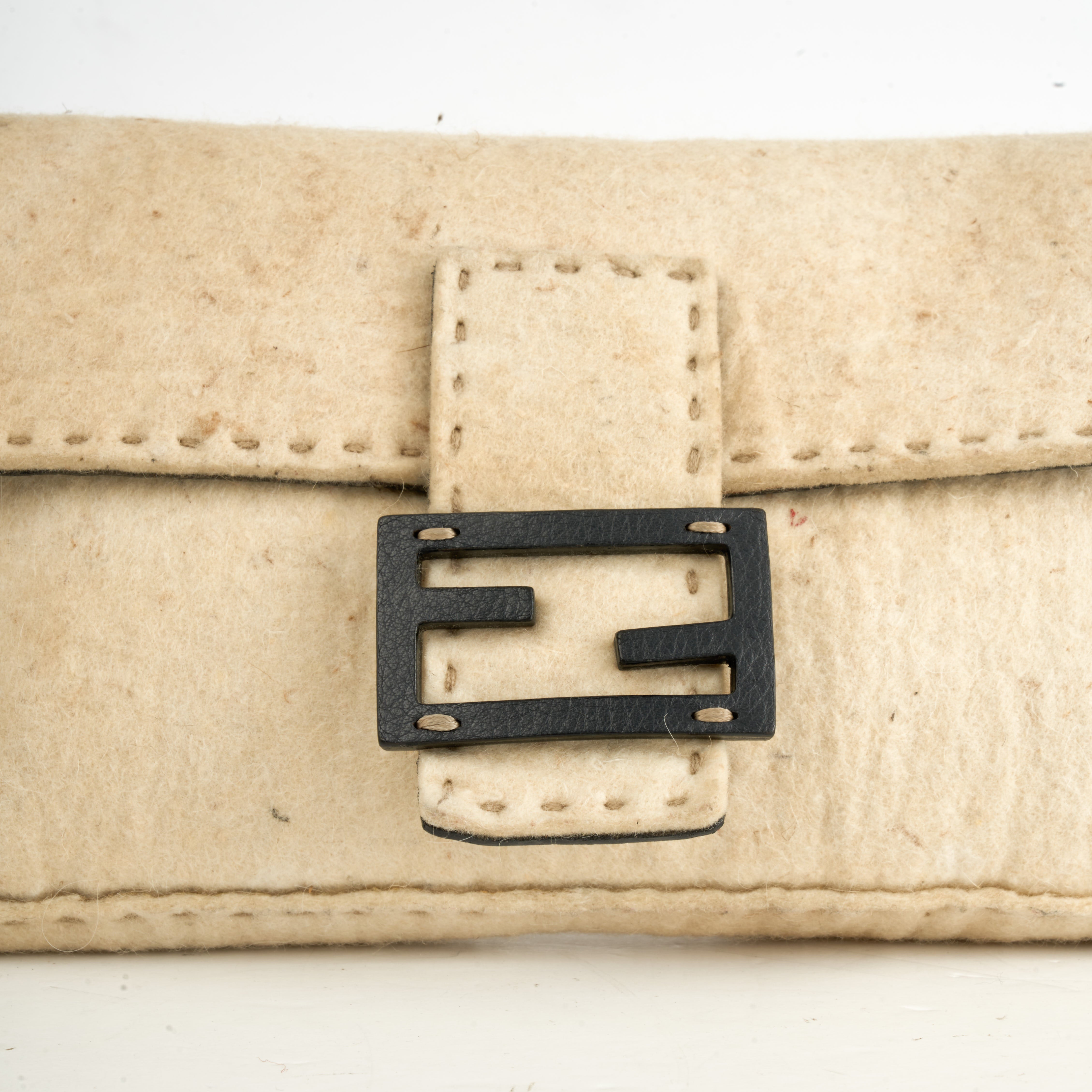 Fendi Baguette Selleria Beige Wool / Black Leather