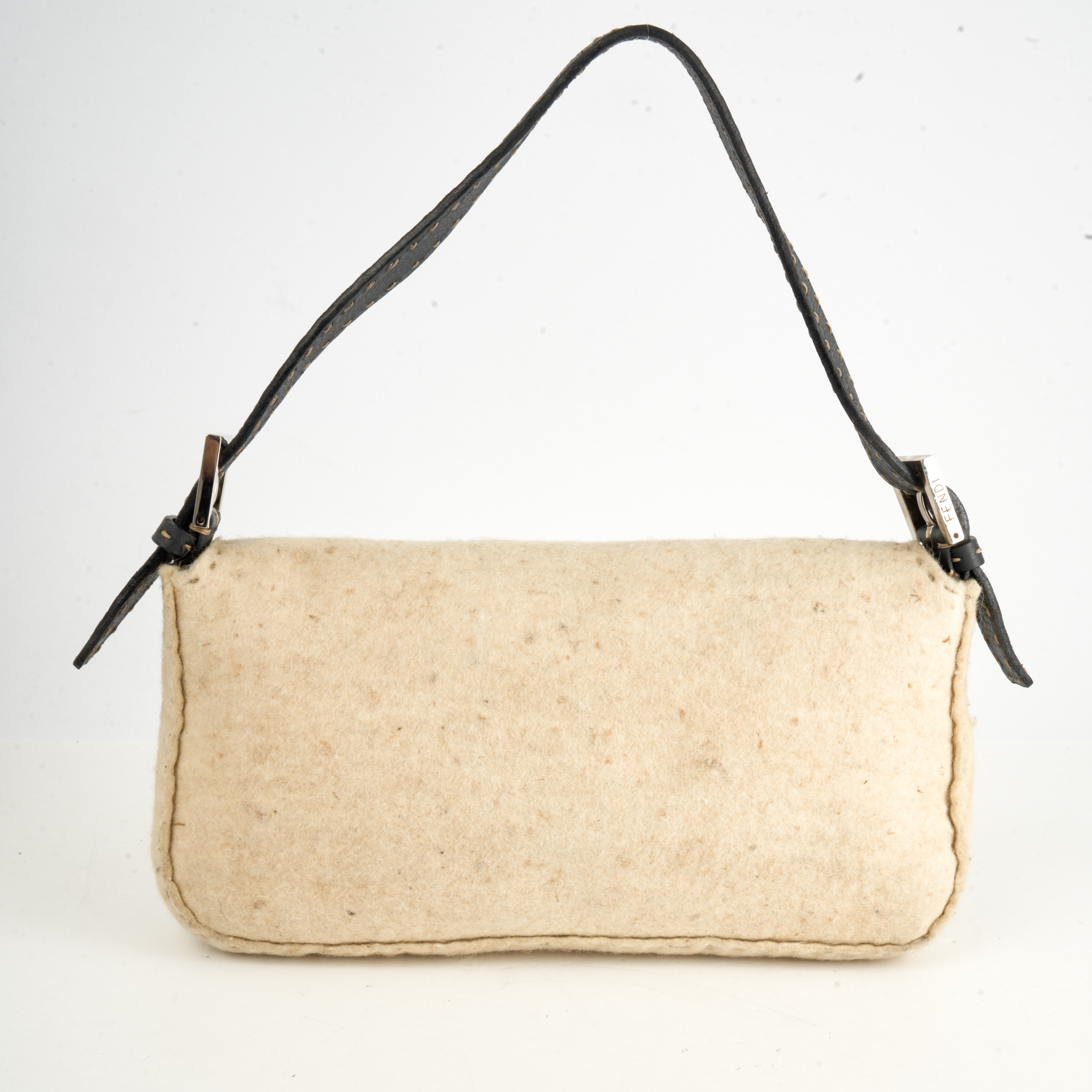 Fendi Baguette Selleria Beige Wool / Black Leather
