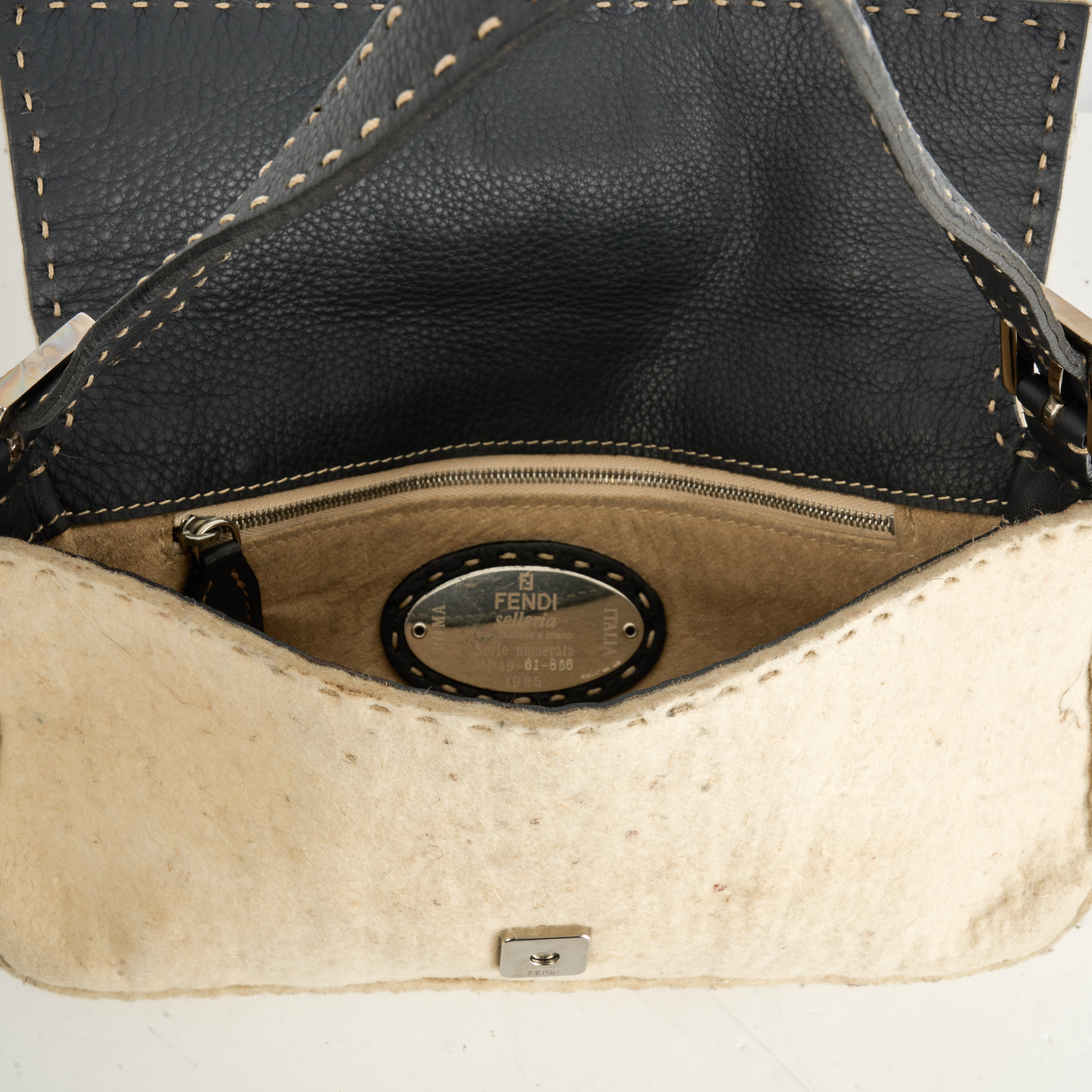 Fendi Baguette Selleria Beige Wool / Black Leather