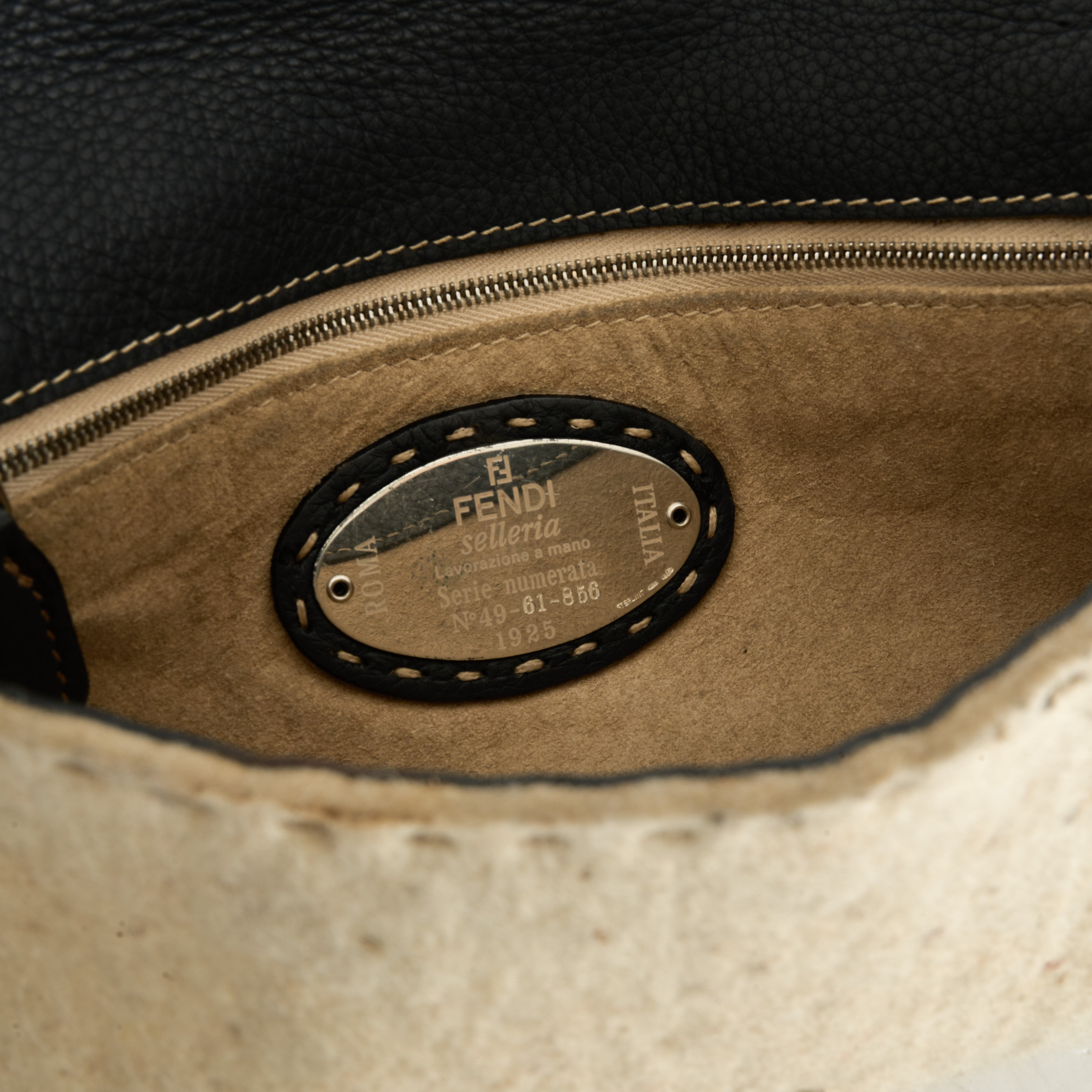 Fendi Baguette Selleria Beige Wool / Black Leather