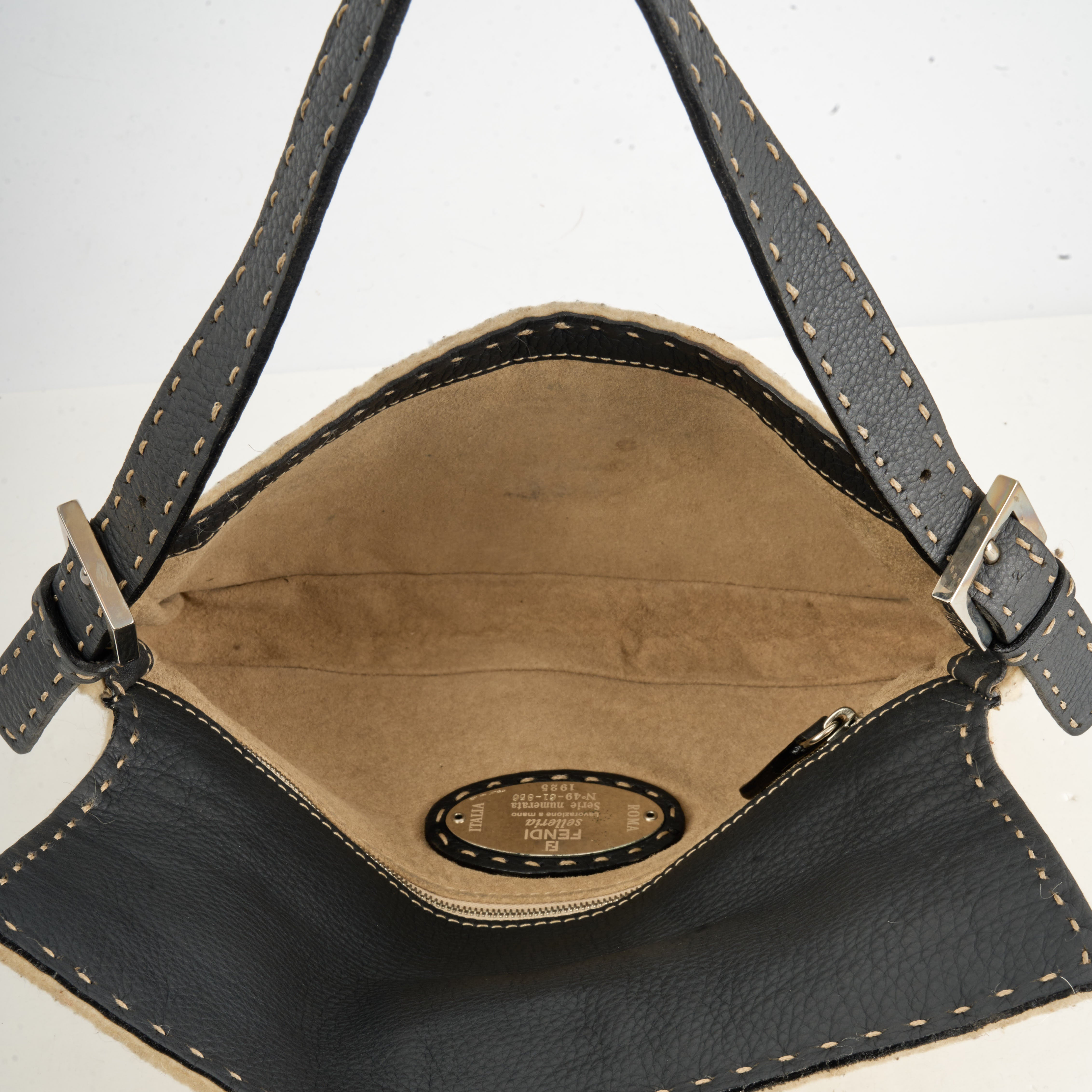 Fendi Baguette Selleria Beige Wool / Black Leather