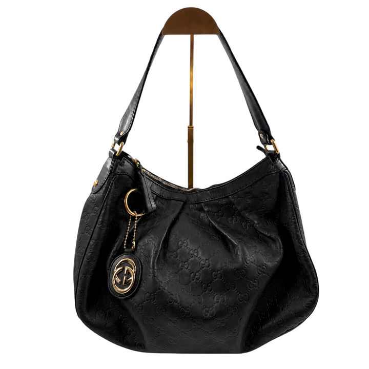 Wintage Gucci Sukey Medium Hobo Tasche aus schwarzem Guccissima-Leder mit goldfarbenen Details