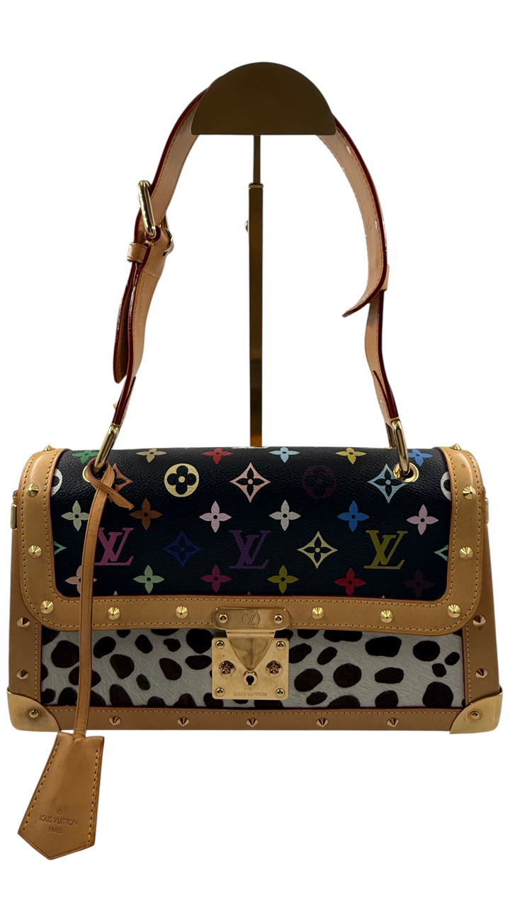 Wintage Murakami Dalmatiner Handtasche mit buntem Monogramm-Muster, Kuhfell-Details und goldenen Beschlägen