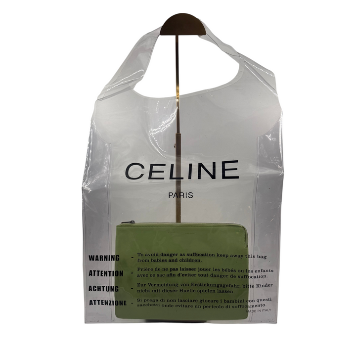 Wintage Celine durchsichtige Kunststofftasche mit grüner Leder-Clutch im Inneren