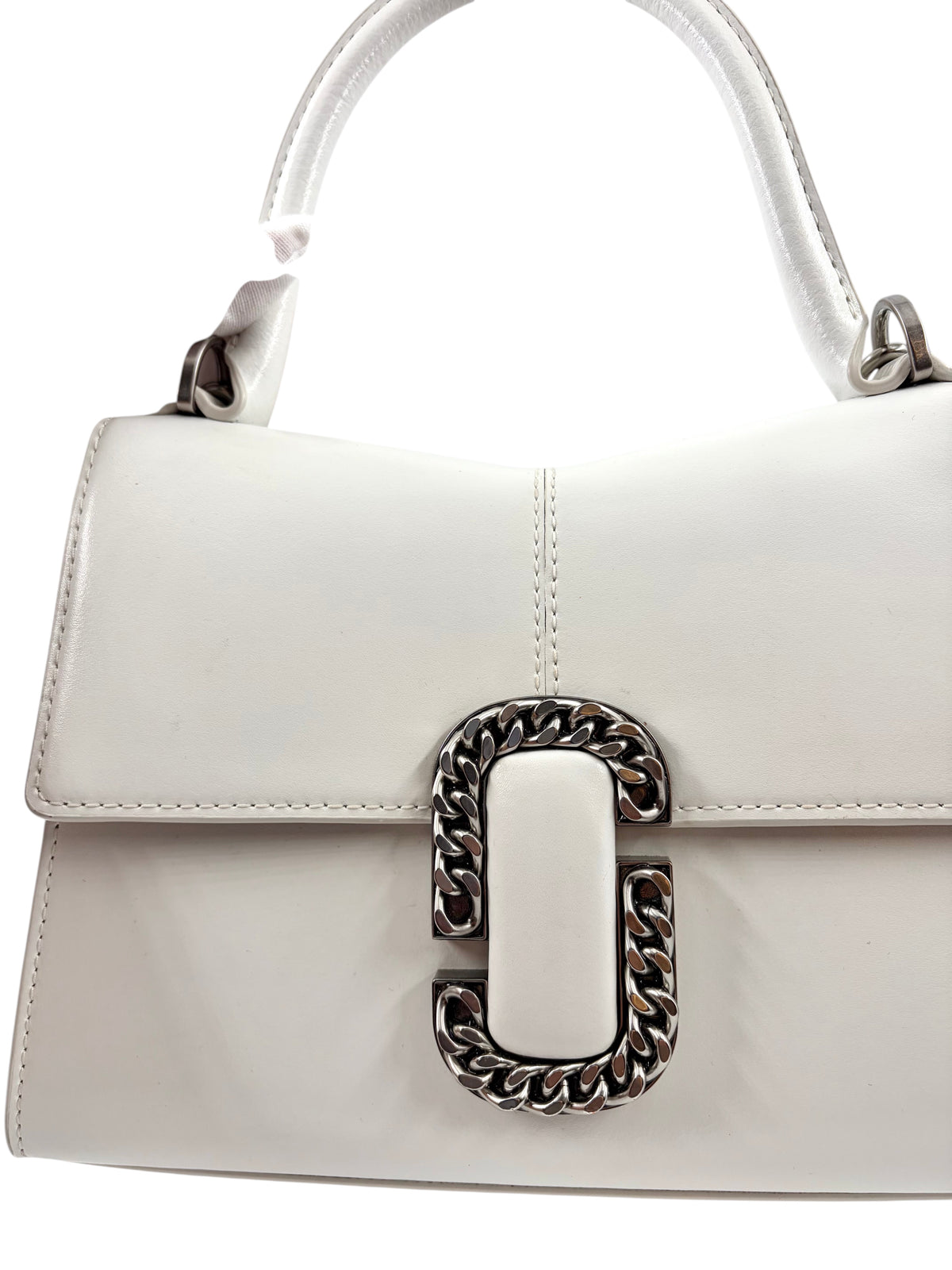 Wintage Marc Jacobs The St. Marc Handtasche aus weißem Glattleder mit markantem silberfarbenem J-Marc-Verschluss