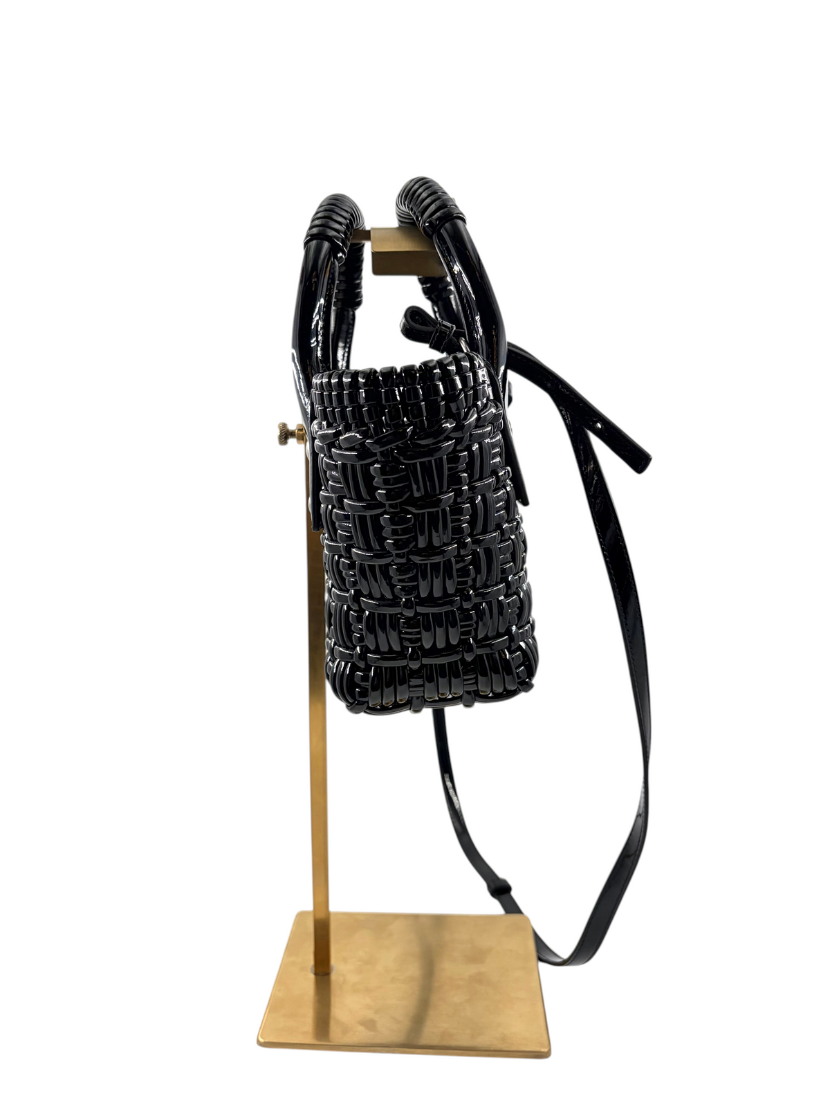 Wintage Balenciaga Bistro XXS Basket Bag aus schwarzem, glänzendem Flechtmaterial mit abnehmbarem Schulterriemen