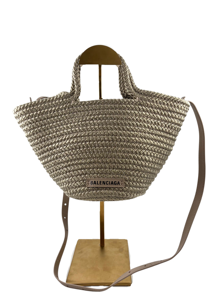 Wintage Balenciaga Ibiza Korb-Tote aus geflochtenem beigem Naturmaterial mit Lederriemen und Logo-Patch
