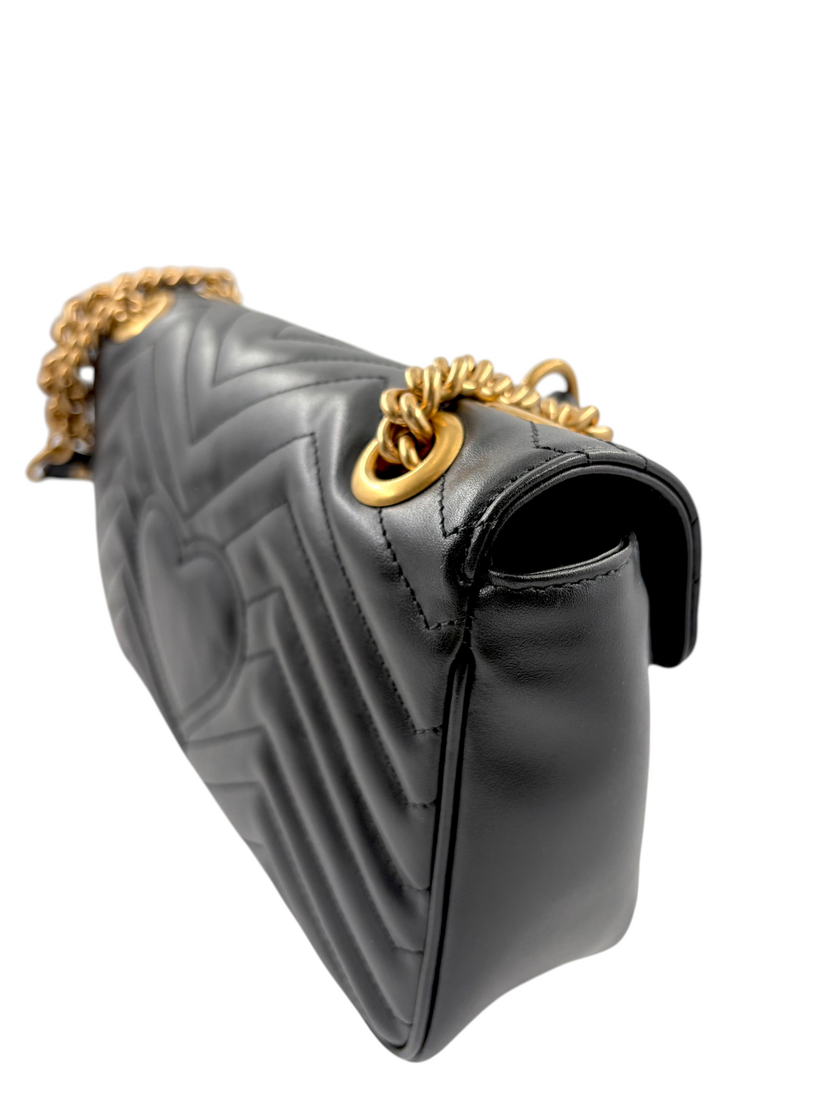 Wintage Gucci GG Marmont Tasche aus schwarzem gestepptem Leder mit goldener Kette und Chevron-Muster