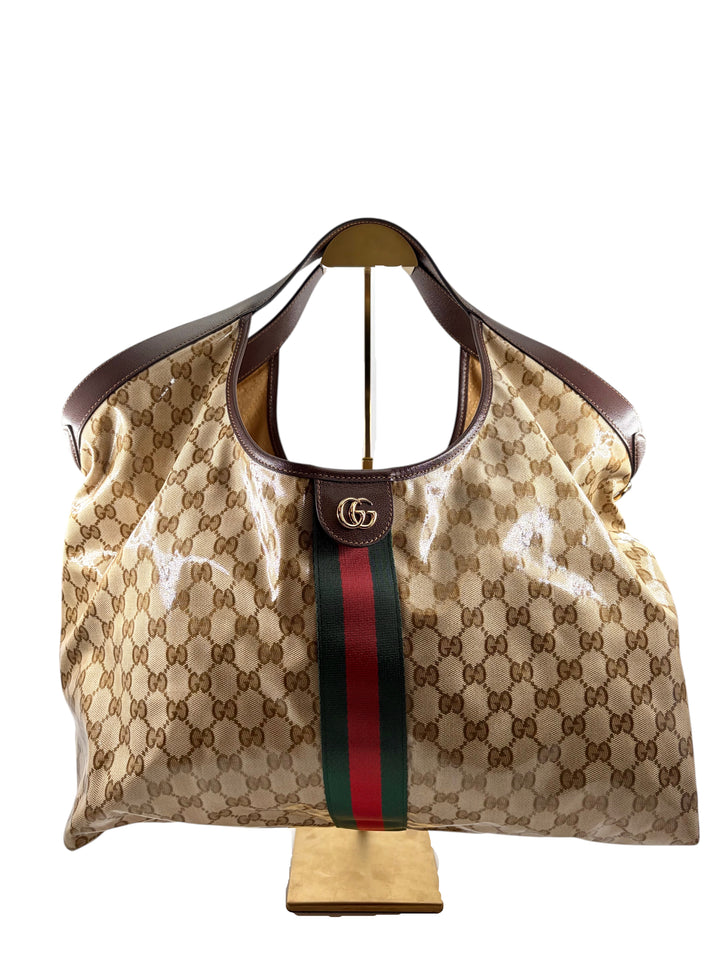 Wintage Gucci Giglio große Tote Bag aus beigem GG-Canvas mit braunen Lederbesätzen und grün-rotem Webstreifen