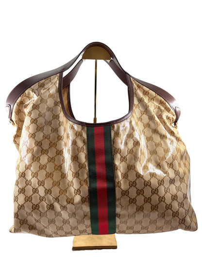 Wintage Gucci Giglio große Tote Bag aus beigem GG-Canvas mit braunen Lederbesätzen und grün-rotem Webstreifen