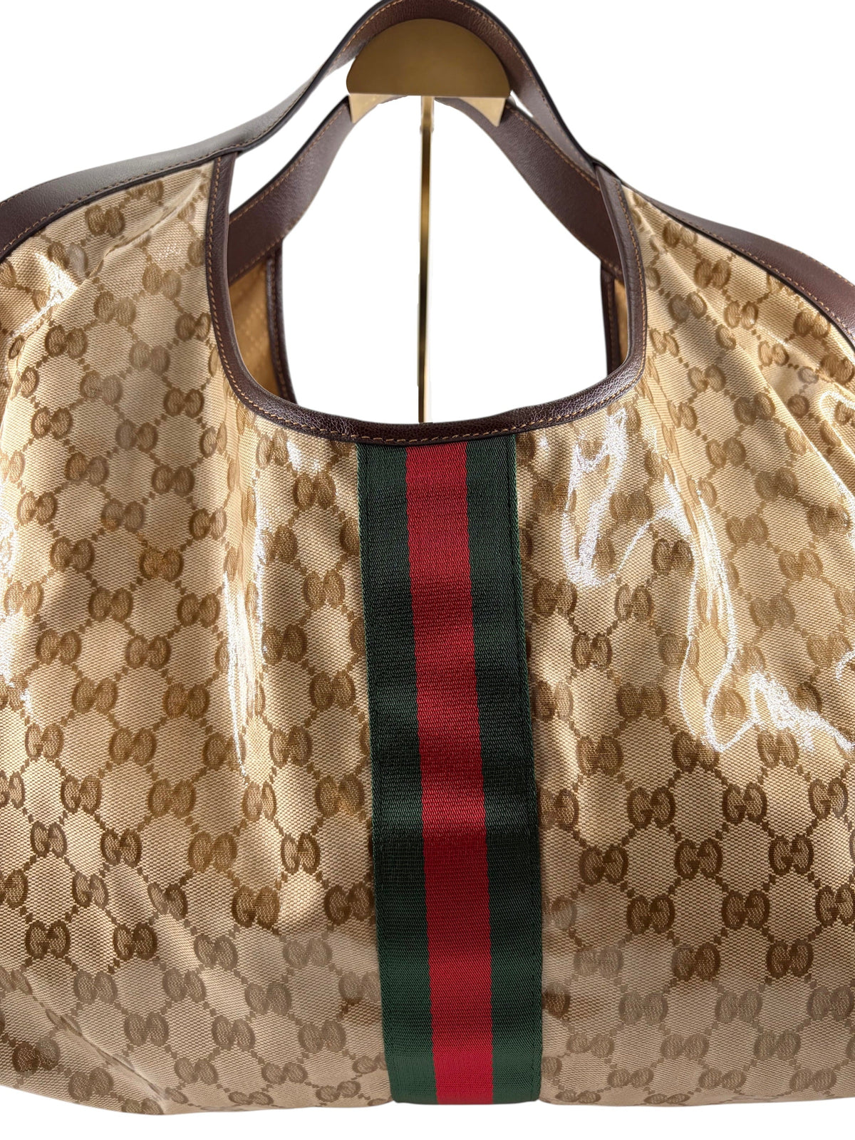 Wintage Gucci Giglio große Tragetasche aus beigem GG-Canvas mit braunen Lederbesätzen und grün-rotem Webstreifen