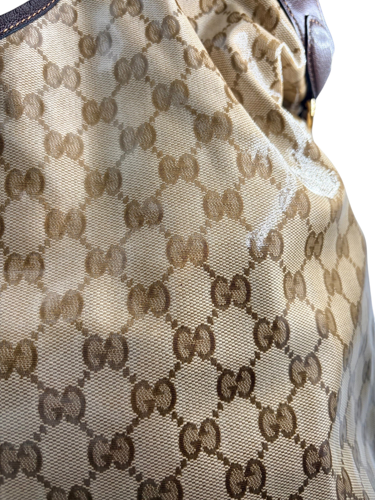 Wintage Gucci Giglio Large Tote Bag aus beigem GG-Canvas mit braunen Lederbesätzen und charakteristischem Webstreifen
