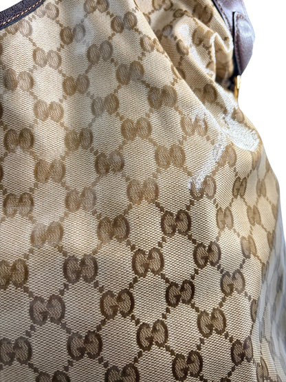 Wintage Gucci Giglio Large Tote Bag aus beigem GG-Canvas mit braunen Lederbesätzen und charakteristischem Webstreifen