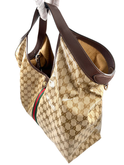 Wintage Gucci Giglio große Tote Bag aus beigem GG-Canvas mit braunen Lederbesätzen und grün-rotem Webstreifen