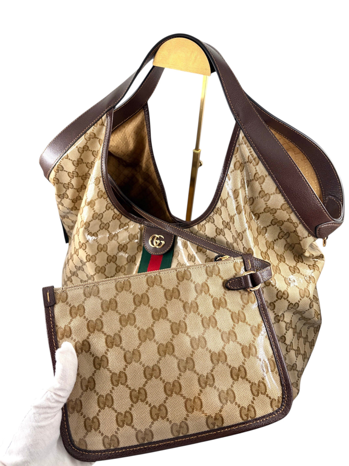 Wintage Gucci Giglio große Tasche aus beschichtetem GG-Canvas in Beige und Braun mit grün-rotem Webstreifen