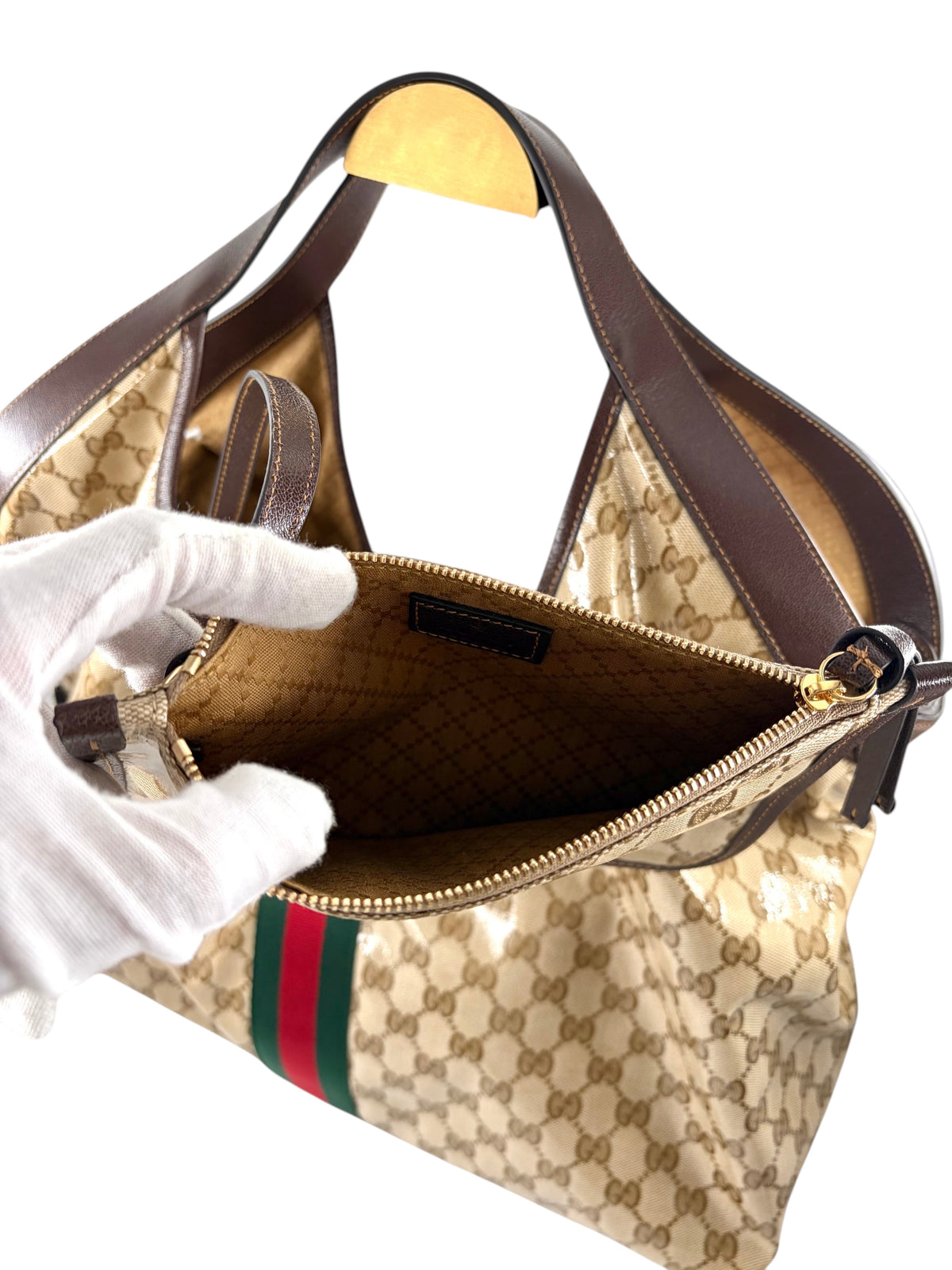 Wintage Gucci Giglio große Tote Bag aus beigem GG-Canvas mit braunen Lederbesätzen und grün-rotem Webstreifen