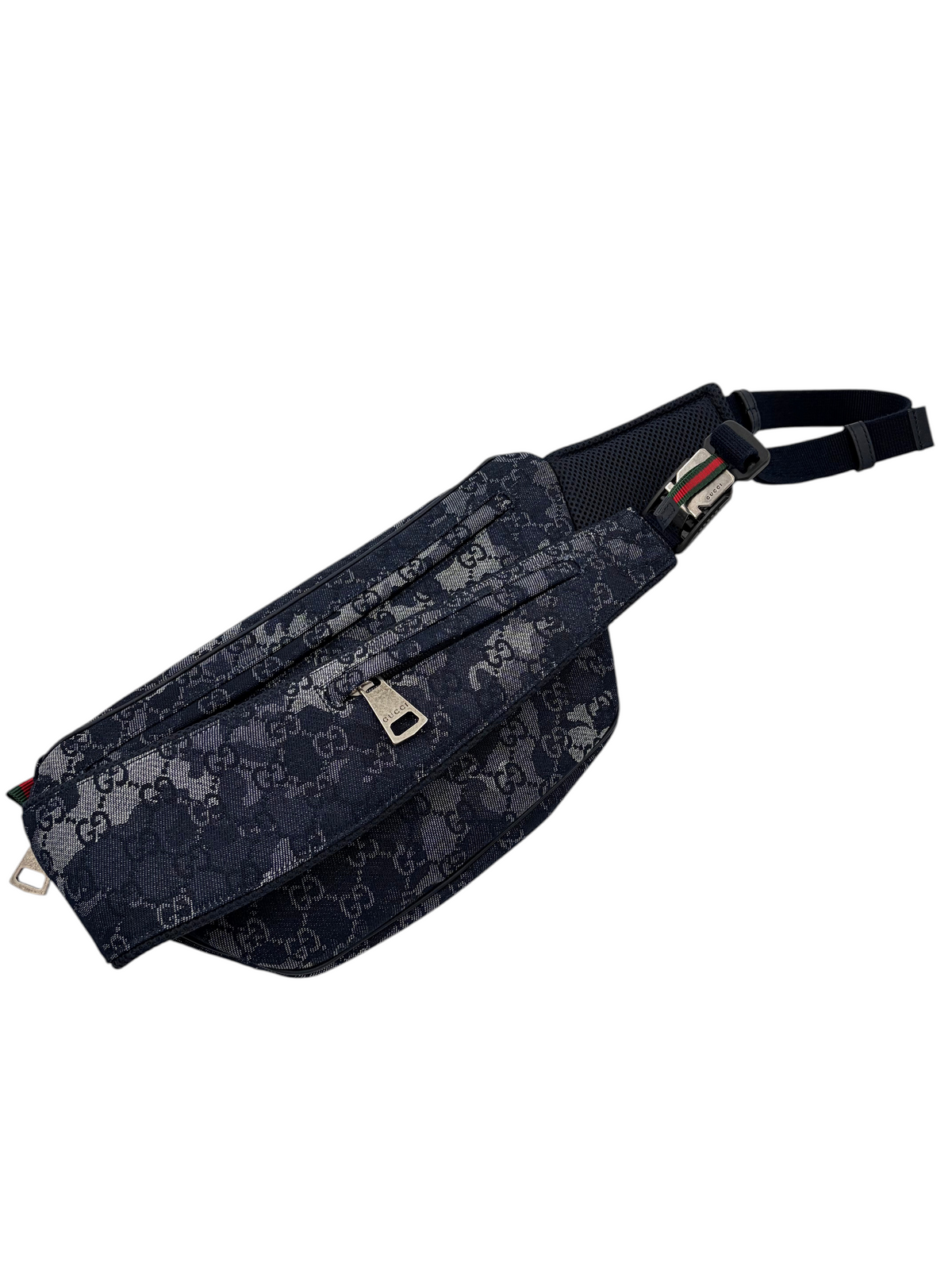 Wintage Gucci GG Monogram Camouflage Denim Gürteltasche in Dunkelblau mit silberner Hardware und Webstreifen-Detail