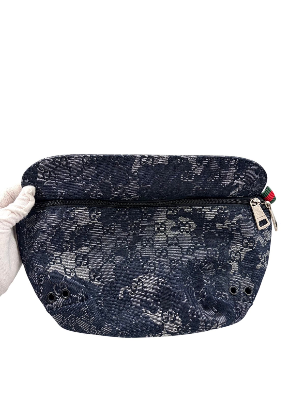 Wintage Gucci GG Monogram Camouflage Denim Bauchtasche in Dunkelblau und Grau mit silbernen Reißverschlussdetails