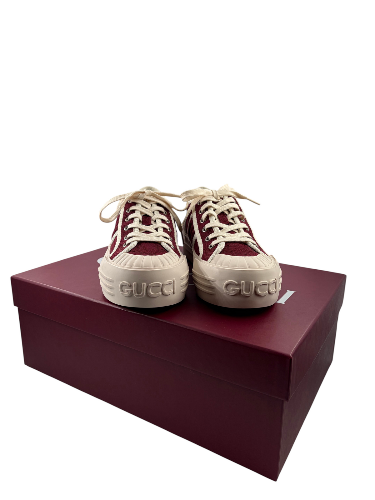 Wintage Gucci GG Monogram Chunky Sneaker in Bordeaux und Elfenbein mit Plateausohle auf passendem Schuhkarton