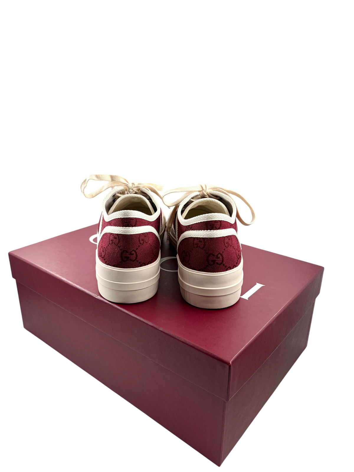Wintage Gucci GG Monogram Chunky Sneakers in Bordeauxrot und Elfenbein auf dem passenden Schuhkarton