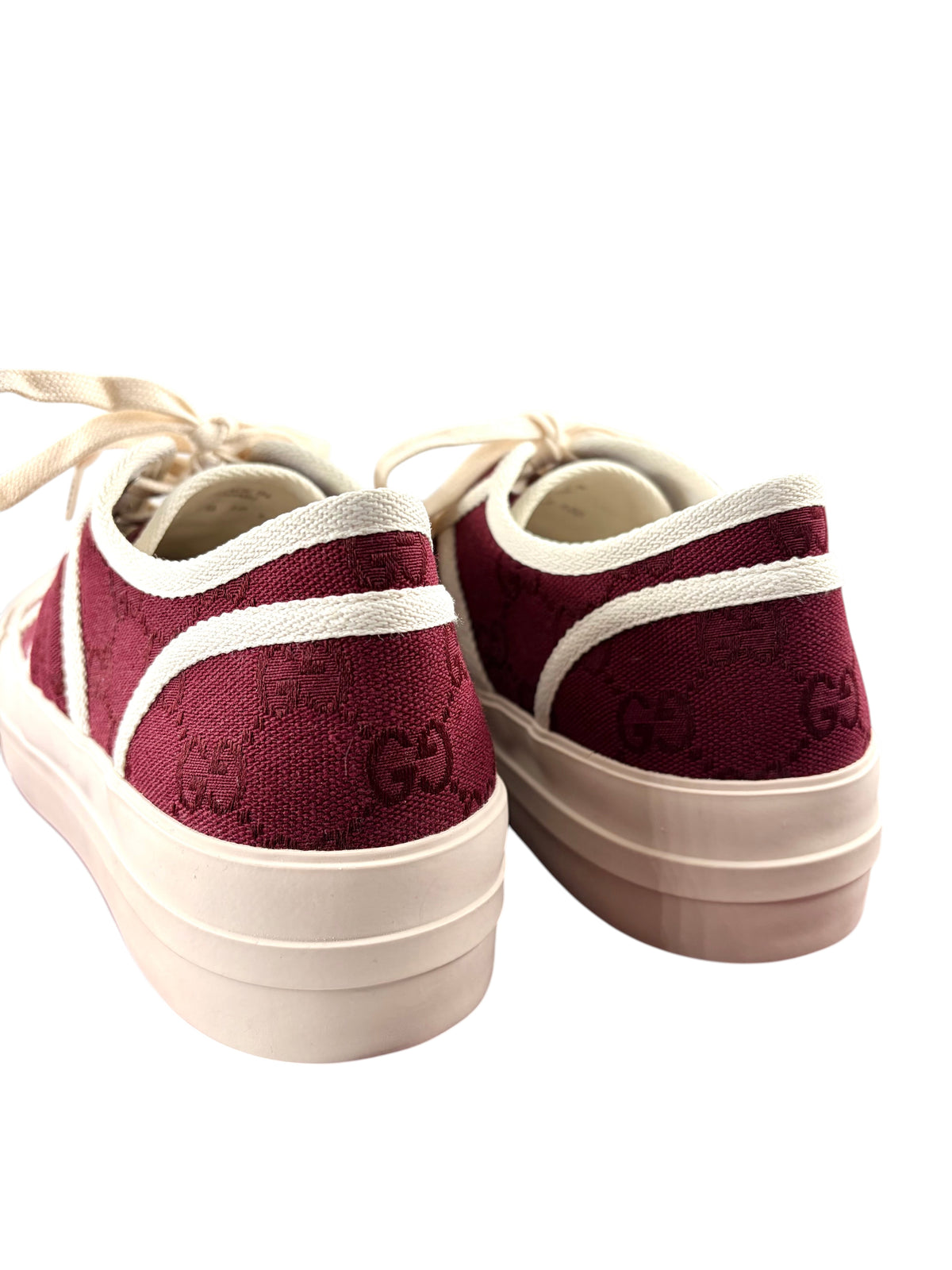 Wintage Gucci GG Monogram Chunky Sneaker in Bordeauxrot und Elfenbein mit Plateausohle, Rückansicht