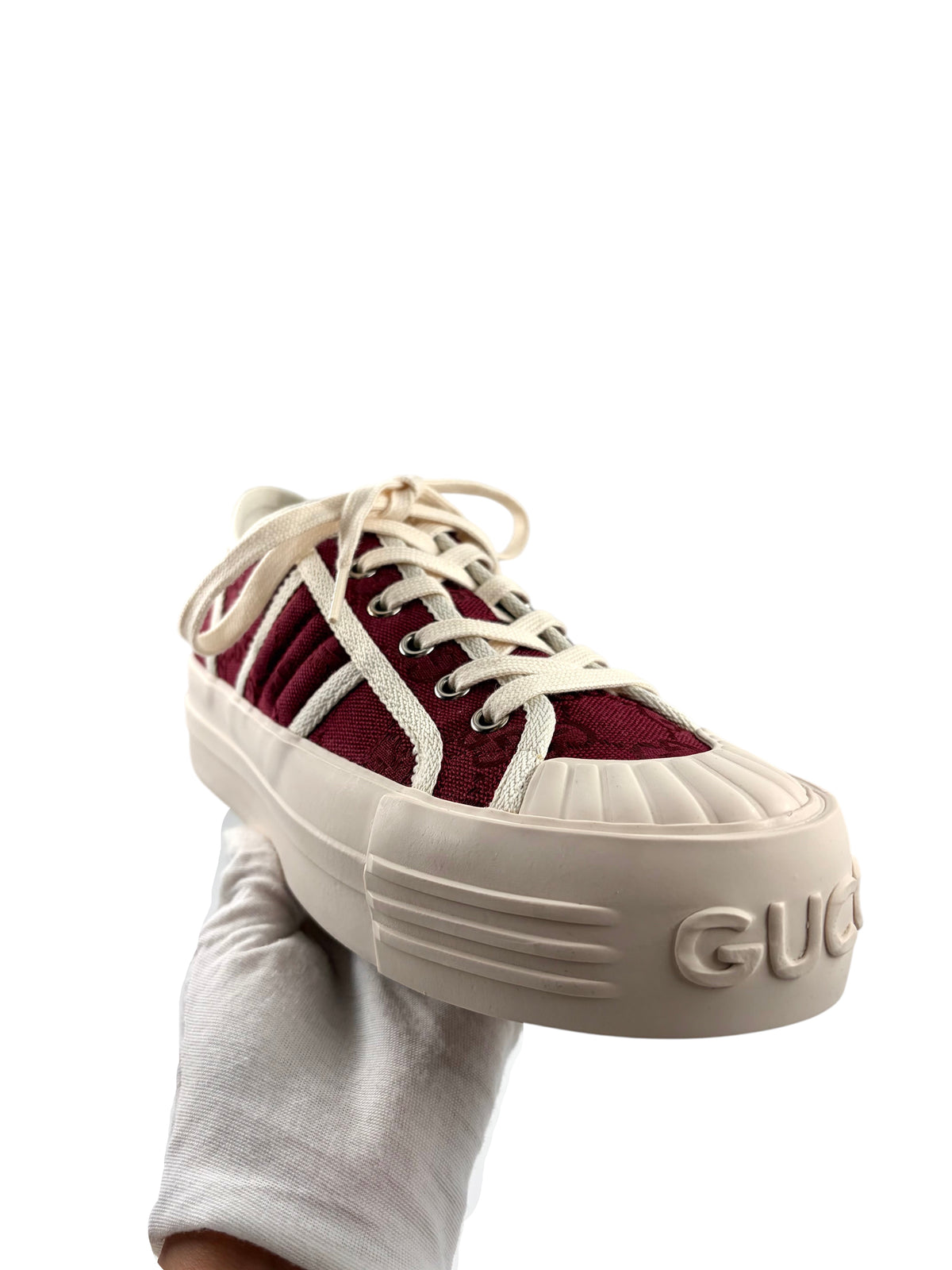 Wintage Gucci GG Monogram Chunky Sneaker in Bordeauxrot und Elfenbein mit Plateausohle und Gucci-Schriftzug