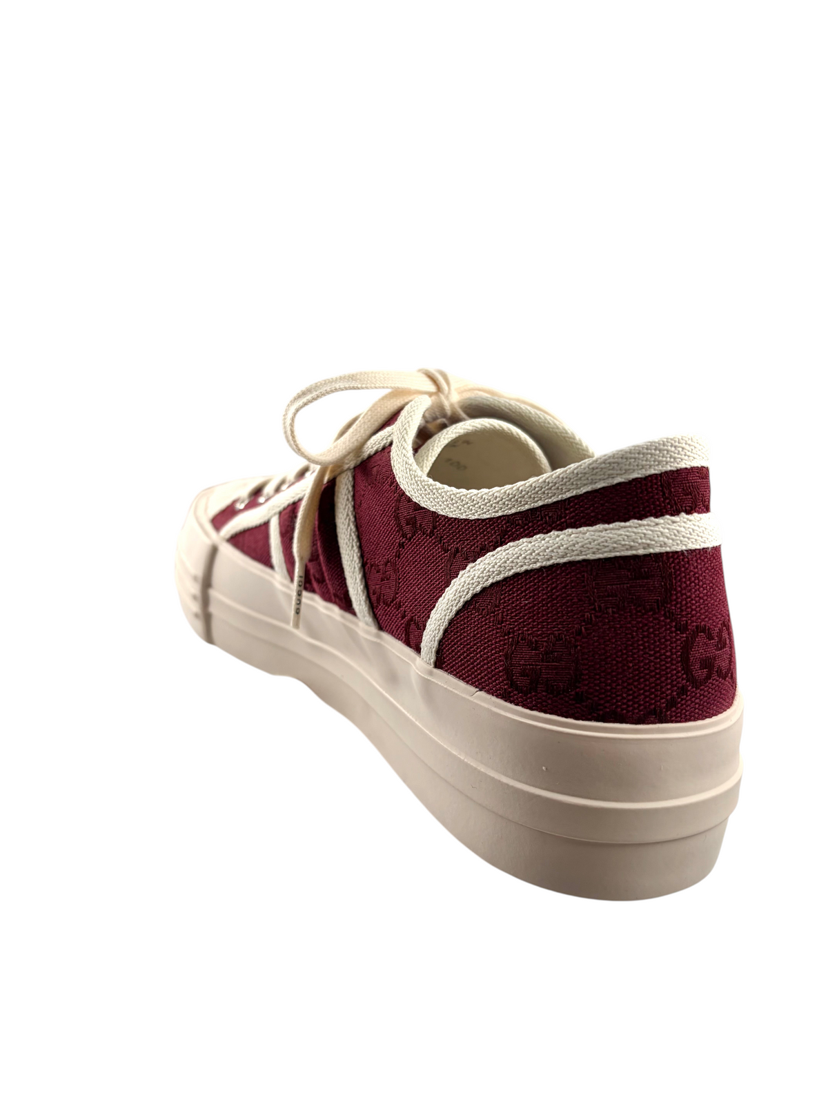 Wintage Gucci GG Monogram Chunky Sneaker in Bordeauxrot und Elfenbein mit Plateausohle aus der Seitenansicht