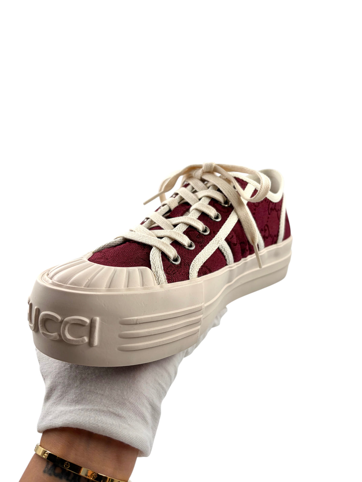 Wintage Gucci GG Monogram Chunky Sneaker in Bordeauxrot und Elfenbein mit Plateausohle und Schnürung