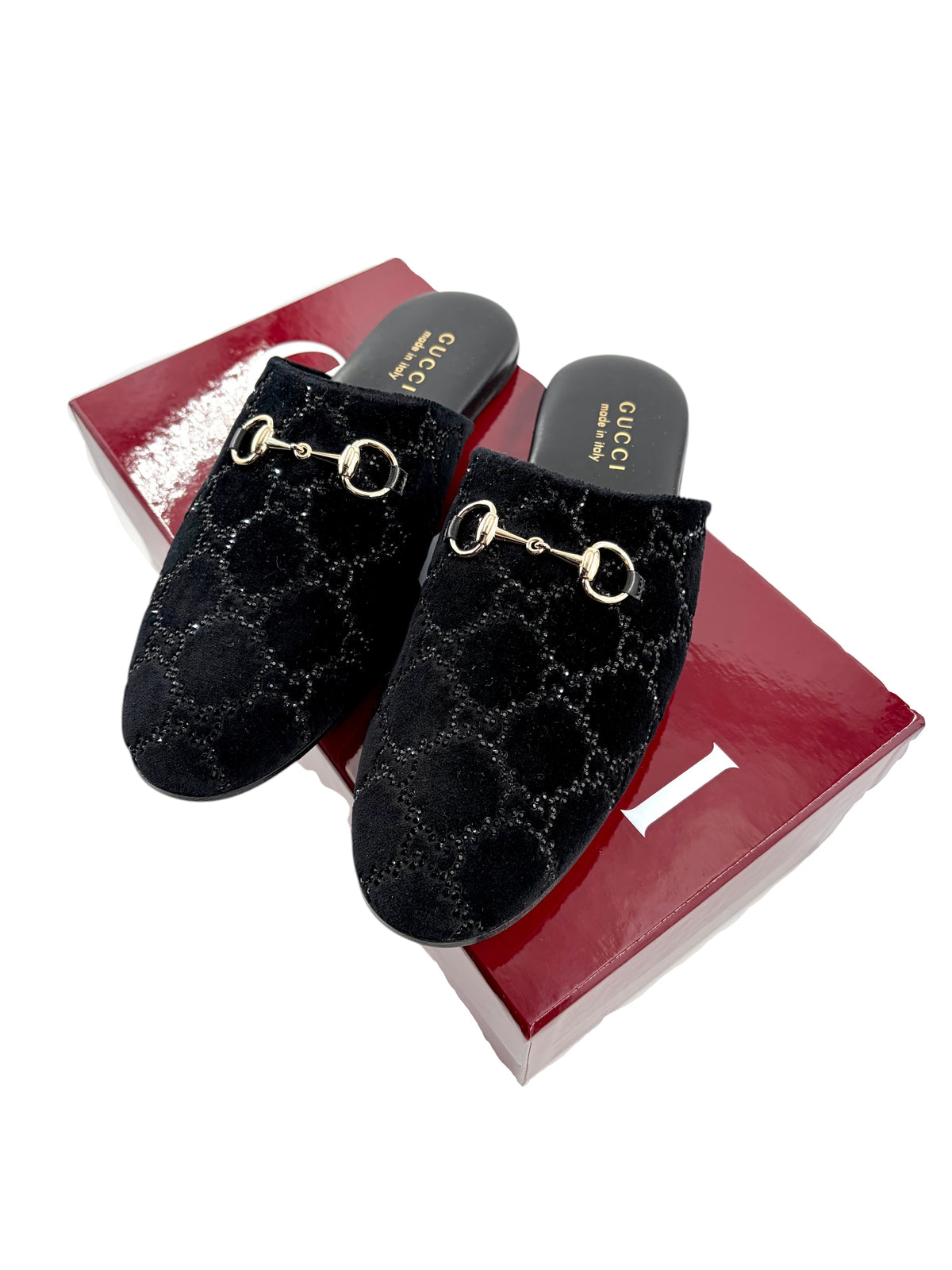 Wintage Gucci Princetown Mules aus schwarzem Samt mit GG-Kristallbesatz und goldfarbenem Horsebit-Detail