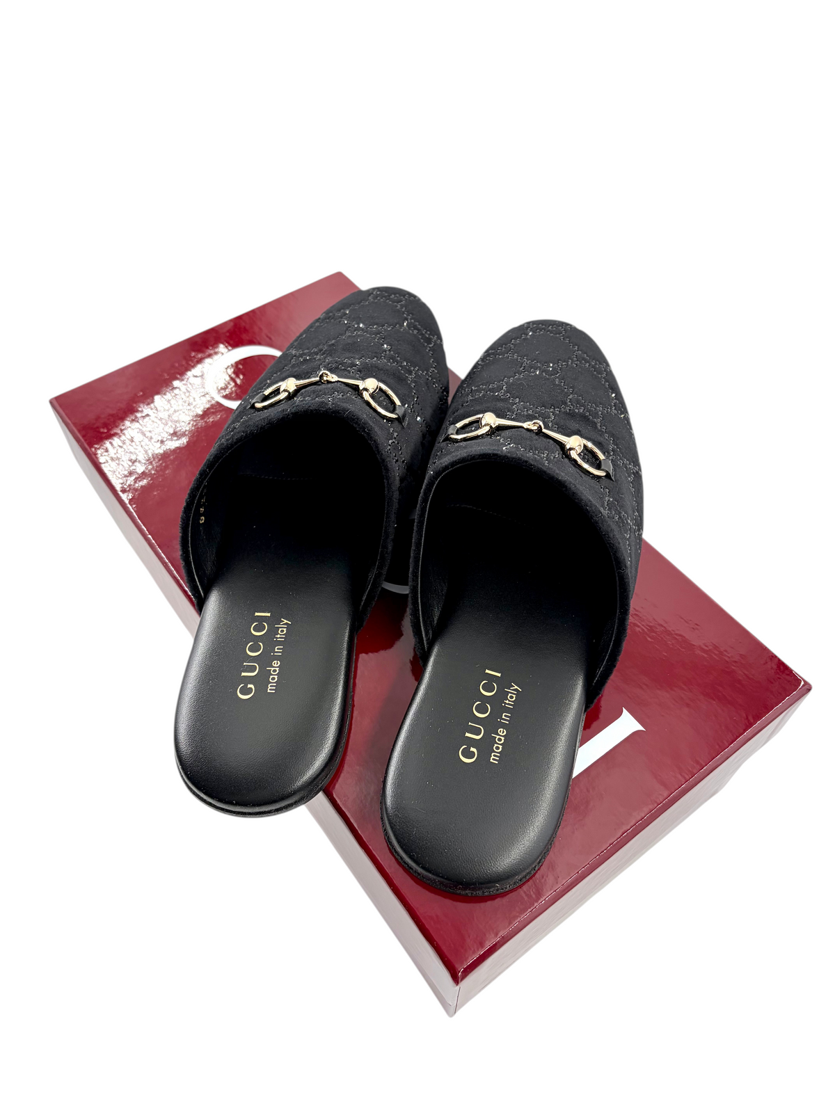 Wintage Gucci Princetown Mules aus schwarzem GG-Samt mit Kristallbesatz und goldener Horsebit-Schnalle auf Schuhkarton