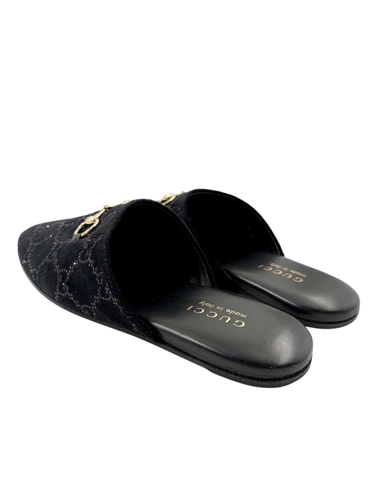 Wintage Gucci Princetown Mules aus schwarzem Samt mit GG-Kristallbesatz und goldener Horsebit-Schnalle