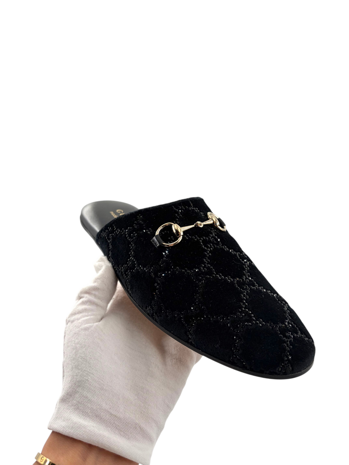 Wintage Gucci Princetown Pantolette aus schwarzem Samt mit GG-Kristallbesatz und goldfarbenem Horsebit-Detail