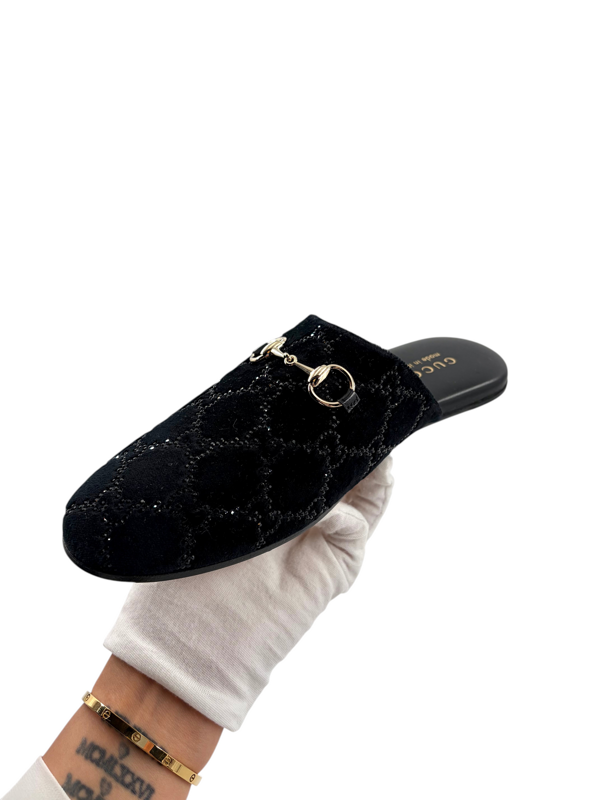 Wintage Gucci Princetown Mules aus schwarzem Samt mit GG-Kristallbesatz und goldener Horsebit-Schnalle