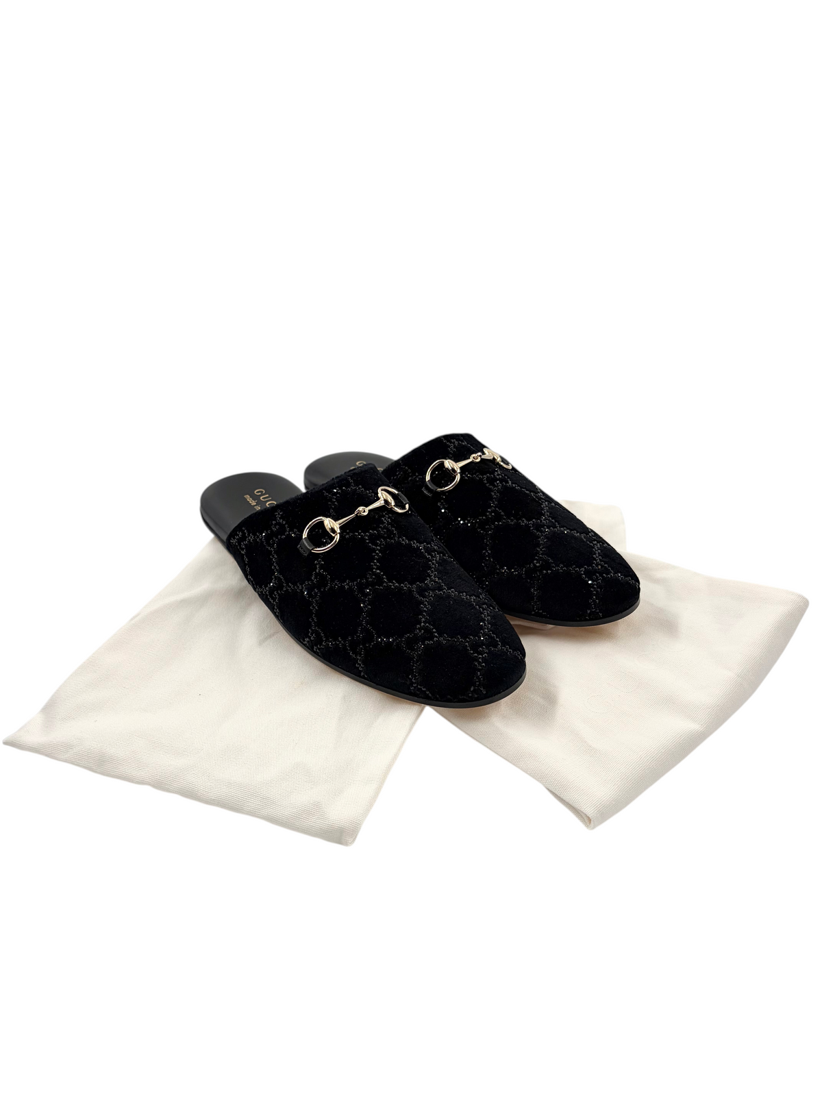 Wintage Gucci Princetown Mules aus schwarzem GG-Samt mit Kristallbesatz und goldener Horsebit-Schnalle auf Staubbeuteln