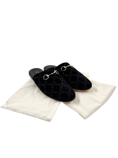 Wintage Gucci Princetown Mules aus schwarzem GG-Samt mit Kristallbesatz und goldener Horsebit-Schnalle auf Staubbeuteln