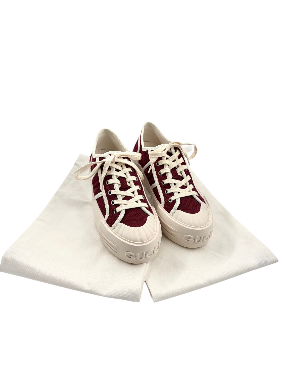 Wintage Gucci GG Monogram Chunky Sneakers in Bordeauxrot und Elfenbein mit Plateausohle und Staubbeuteln